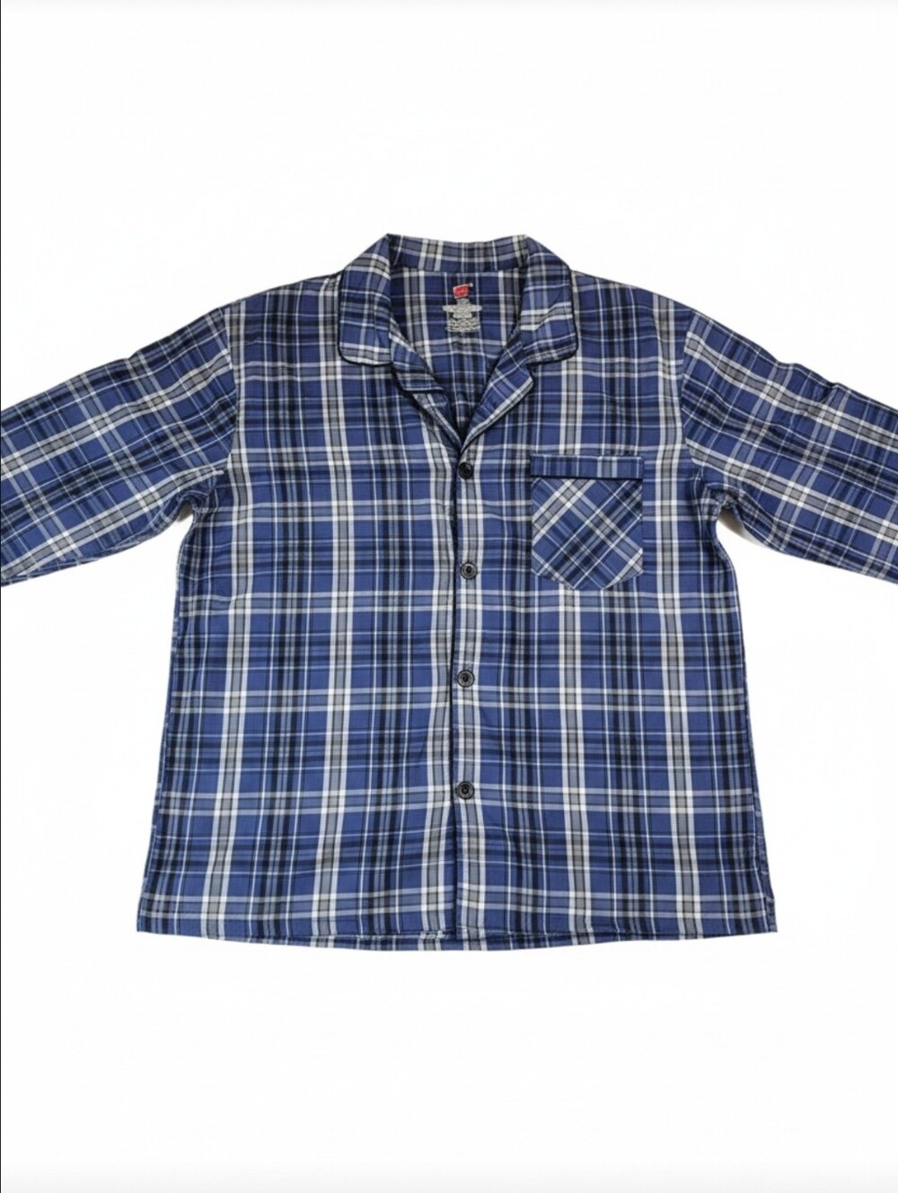Hanes Men's Large Blue Plaid Pajama Shirt Cotton Blend Long Sleeve Sleepwear